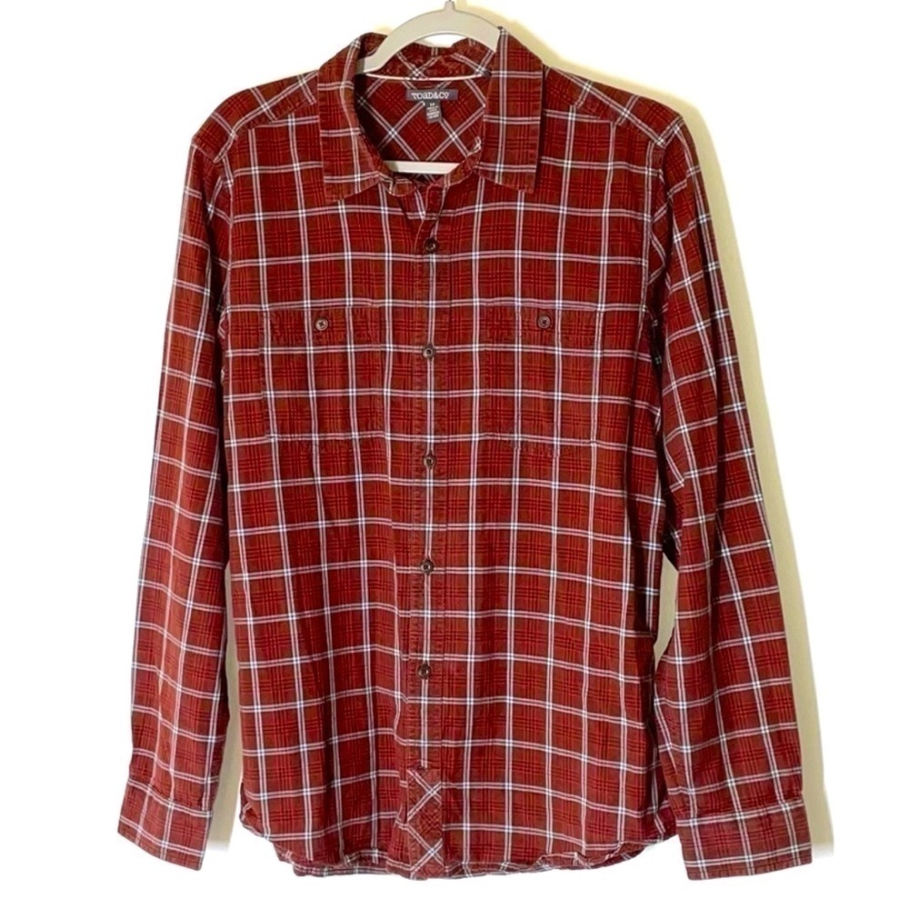 TOAD&CO Organic Cotton Wash & Wear red plaid button down shirt western men’s XL